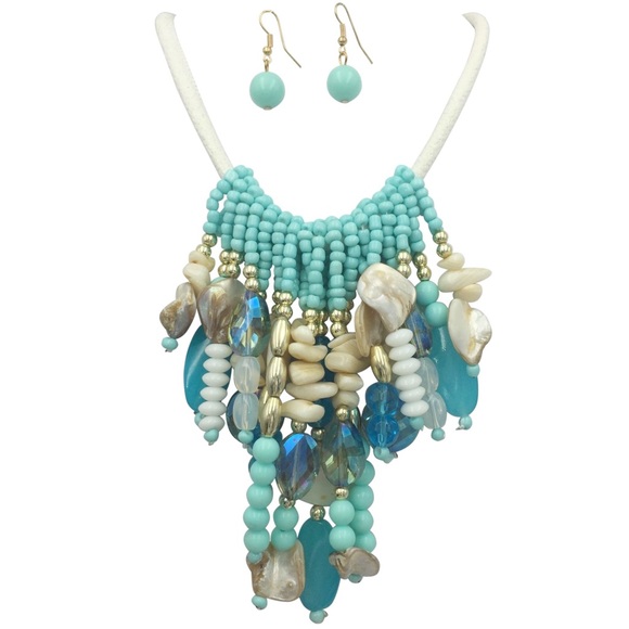 Aqua Blue Bead Shell Dramatic Necklace Earring Set - Picture 1 of 3